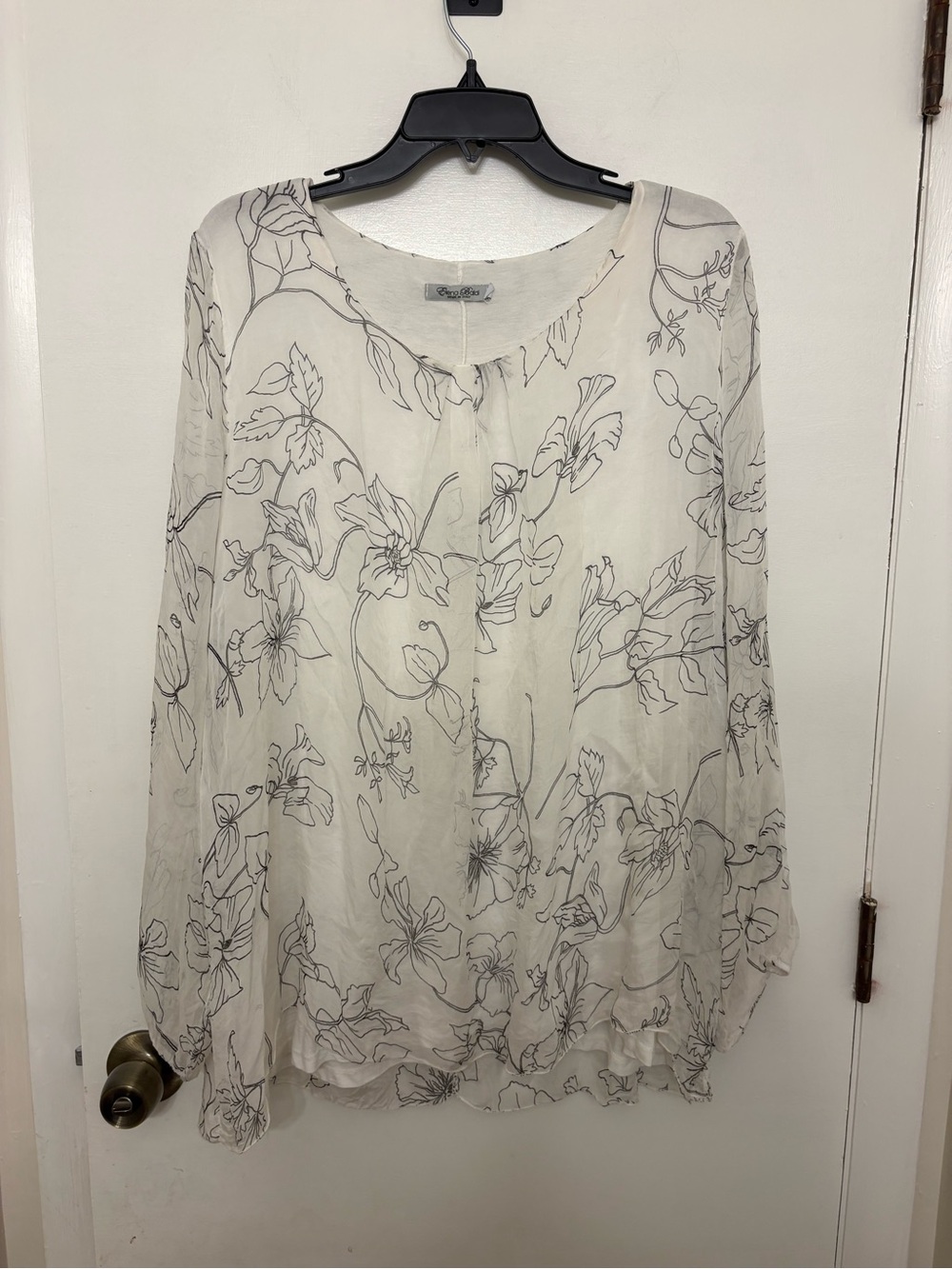 Elena Baldi Italy 100% Silk Layered Floral Blouse White Black Plus Size 3X